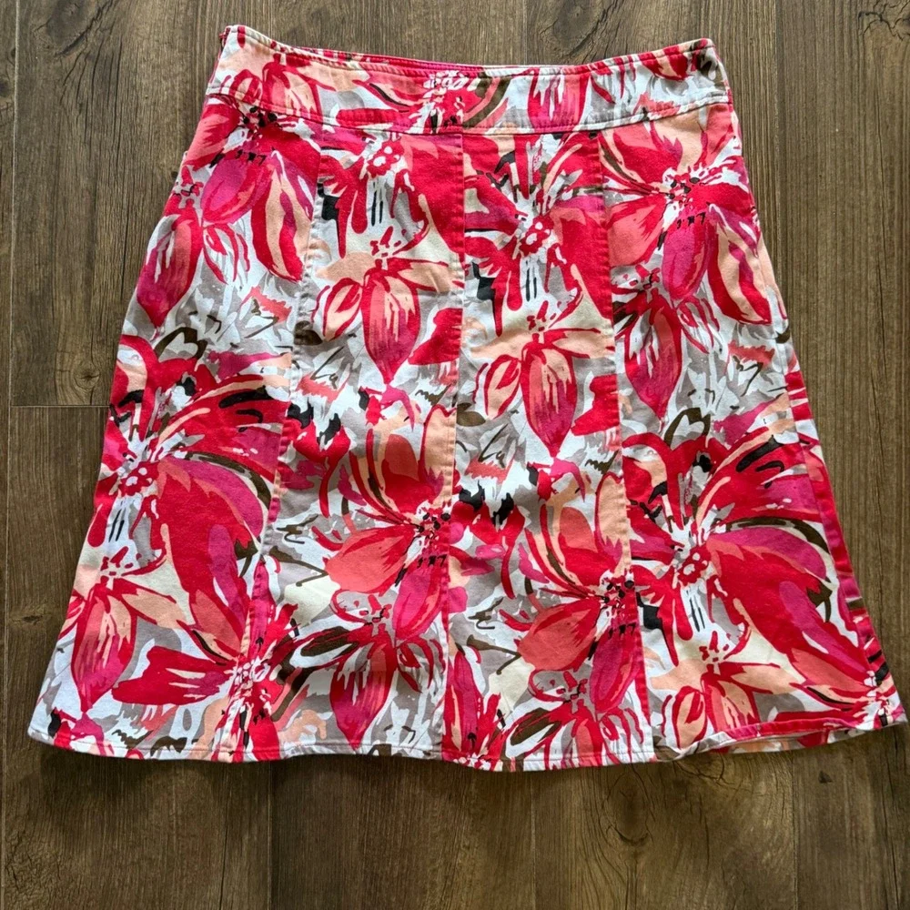Notations A-Line Skirt Pink Peach Floral Stretch Cotton Tropical Pockets‎ Medium